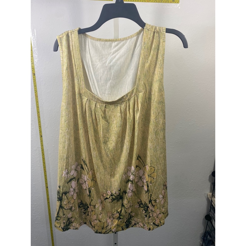 Yellow Floral Print Sleeveless Tank Top Scoop Neck Flowy Summer Blouse XL